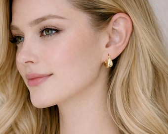 Chunky Teardrop Huggie Earrings • 925 Sterling Silver ∙ 18K Gold • Minimal Dome Hoop for Everyday Wear