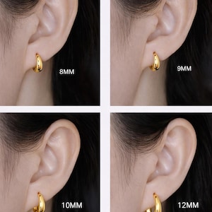May include: A comparison of gold-coloured hoop earrings in four sizes: 8mm, 9mm, 10mm, and 12mm. Each earring is shown on an ear, allowing for a visual size comparison. The text "8-12mm On-Ear Size Comparison" is at the top.