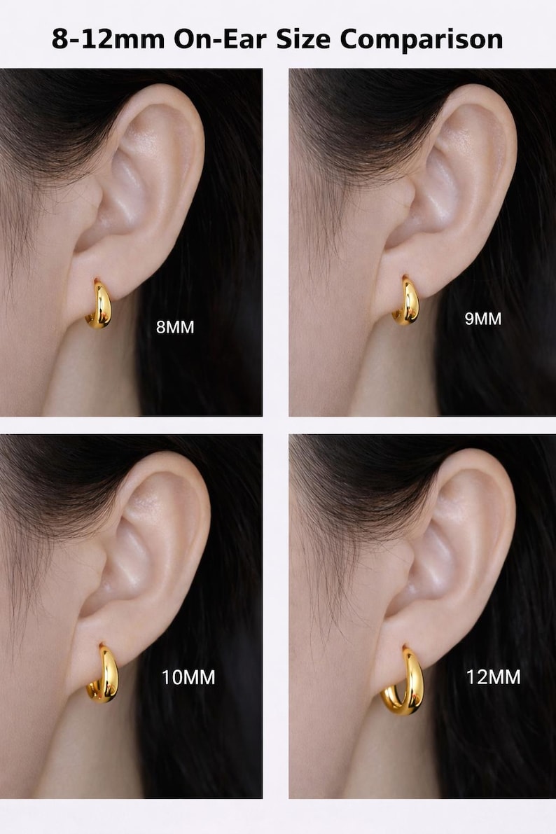 May include: A comparison of gold-coloured hoop earrings in four sizes: 8mm, 9mm, 10mm, and 12mm. Each earring is shown on an ear, allowing for a visual size comparison. The text "8-12mm On-Ear Size Comparison" is at the top.