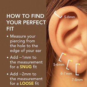 May include: An ear with piercing measurement guides. Text reads "HOW TO FIND YOUR PERFECT FIT" and provides instructions for measuring piercings. Measurements are shown in millimeters, ranging from 5-6mm to 7-8mm.