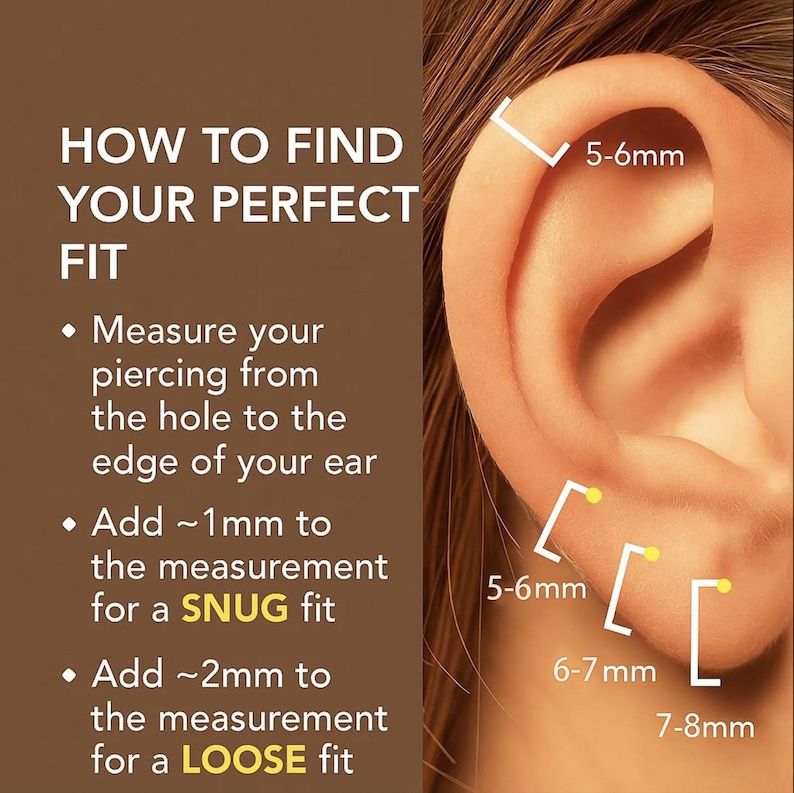 May include: An ear with piercing measurement guides. Text reads "HOW TO FIND YOUR PERFECT FIT" and provides instructions for measuring piercings. Measurements are shown in millimeters, ranging from 5-6mm to 7-8mm.