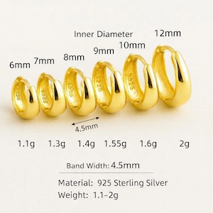 May include: A selection of gold-coloured hoop earrings in different sizes, from 6mm to 12mm inner diameter. The band width is 4.5mm. The earrings are made of 925 sterling silver and weigh between 1.1g and 2g.