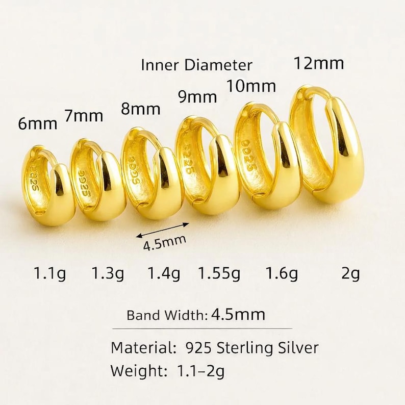 May include: A selection of gold-coloured hoop earrings in different sizes, from 6mm to 12mm inner diameter. The band width is 4.5mm. The earrings are made of 925 sterling silver and weigh between 1.1g and 2g.