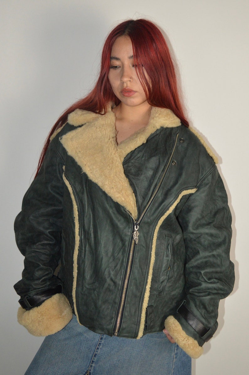 Vintage Harley Davidson Green Leather Sherpa Jacket Etsy