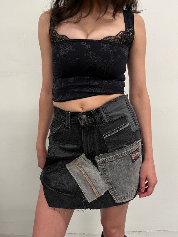 Reconstructed Black Denim Patched Mini Skirt - image 3