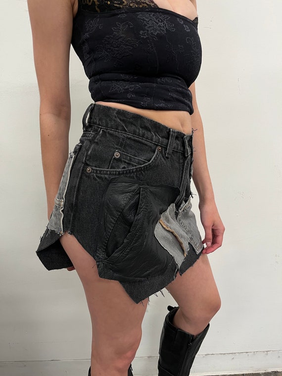 Reconstructed Black Denim Patched Mini Skirt - image 4