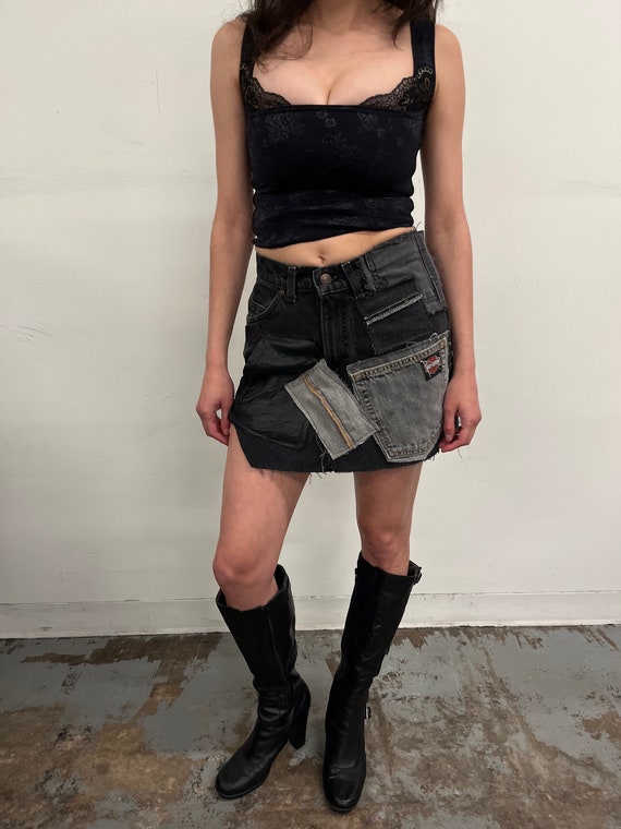 Reconstructed Black Denim Patched Mini Skirt - image 2