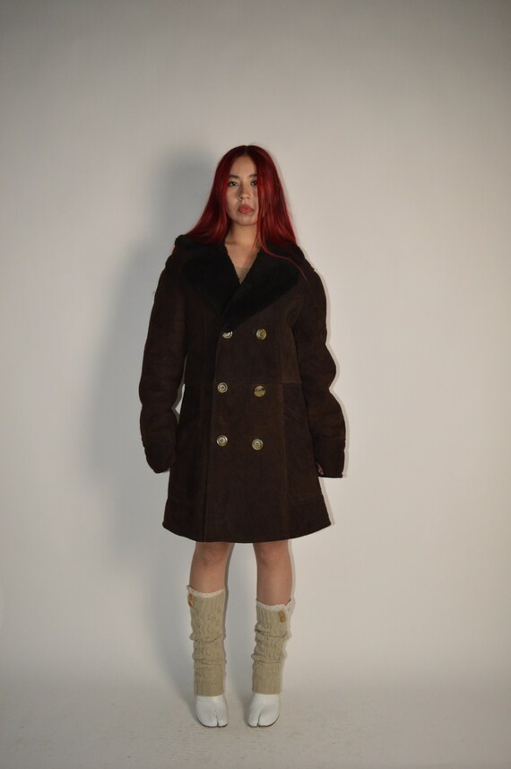 Vintage Leather Shearling Brown Coat M L