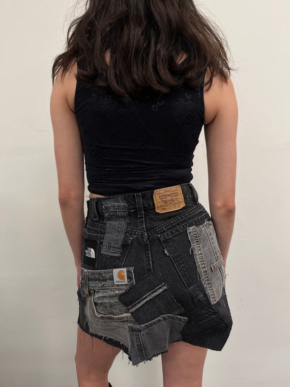 Reconstructed Black Denim Patched Mini Skirt - image 6