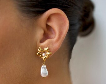 18K Gold Plated Freshwater Pearl Drop Earrings, Hypoallergenic