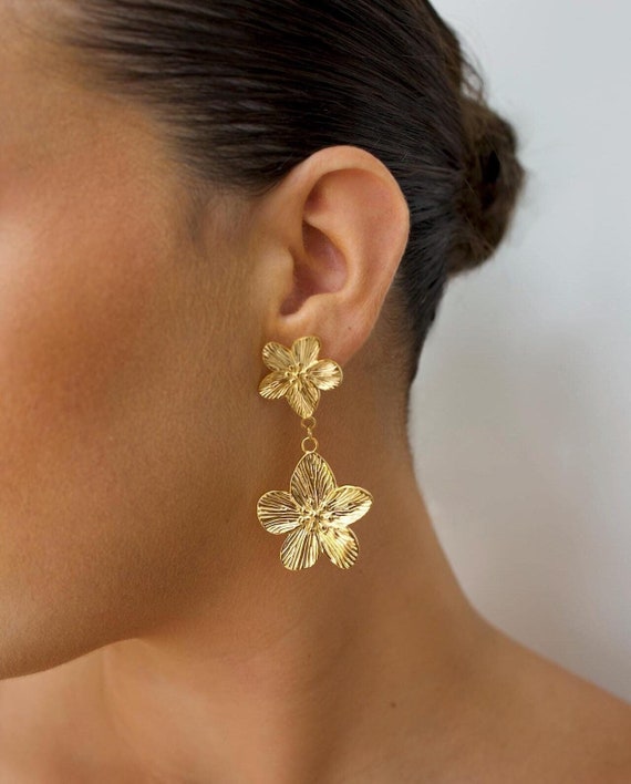 Boucles D'oreilles Fleur Suspendu Plaqué Or