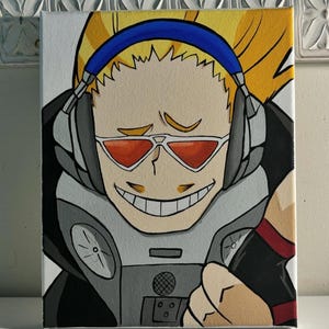 May include: A canvas painting featuring a smiling anime character with yellow hair, red sunglasses, and a blue headband. The character wears a gray and black outfit with headphones. The artwork is set against a white background.