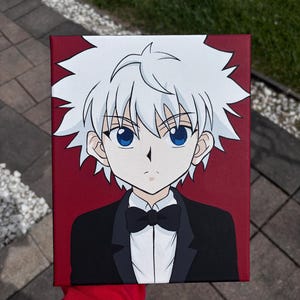 May include: A rectangular canvas painting featuring a stylized anime character with spiky white hair and bright blue eyes. The character is wearing a black tuxedo jacket with a white shirt and a black bow tie, set against a solid deep red background.