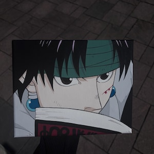May include: A rectangular canvas painting featuring an anime character with black hair, a green headband, and blue circular earrings. The character has a red mark on their cheek and is holding a book with a red and black cover in front of their face.
