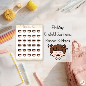 Grateful girl character planner stickers sheet: 30 peel and stick white matte journaling stickers