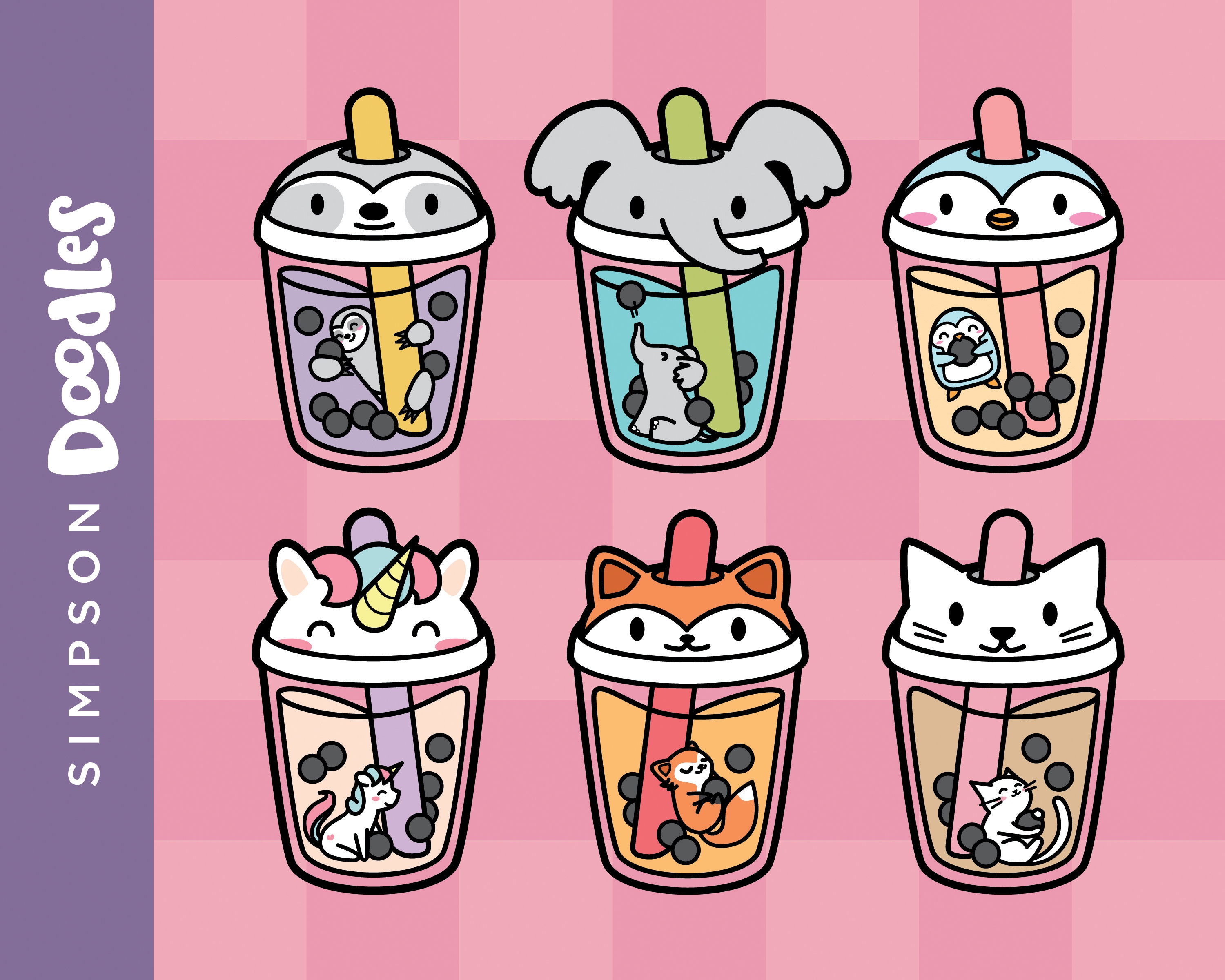 Bubble Tea Clipart Boba Drinks With Cute Animals Digital Clip Etsy