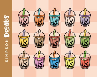 Bubble Tea Clipart, Kawaii Boba Drinks, 15 Colors Digital Clip Art for Paper Crafts Scrapbooking Cupcake Toppers Card Making