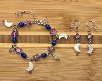 Bracelet et boucles d'oreilles faits main en perles lune et étoile, bijoux Whimsigoth célestes en acier inoxydable