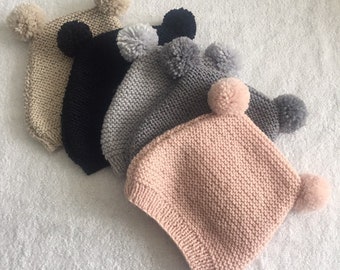 Bonnet layette bébé en mérinos fait main