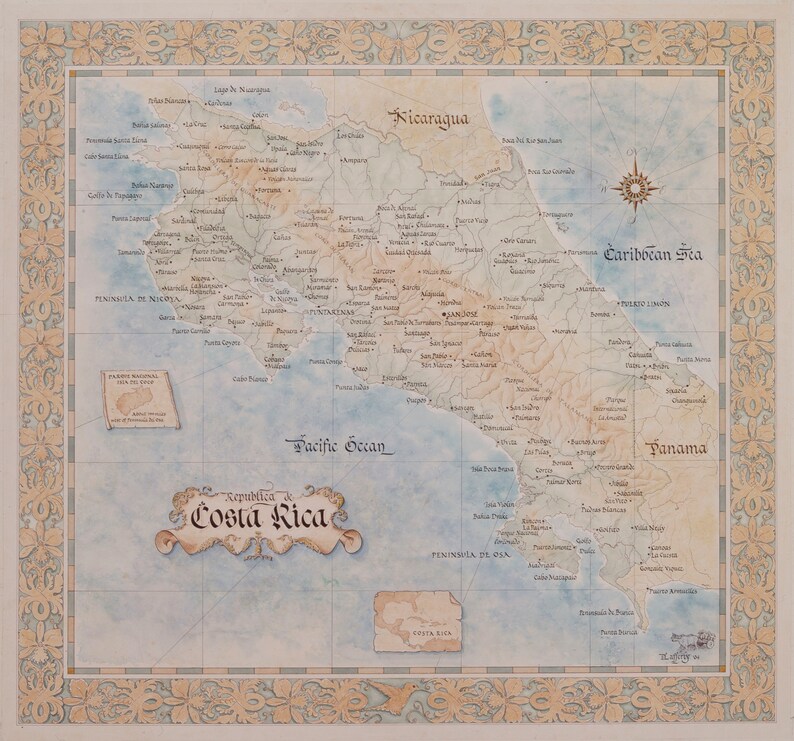 Antique Style Map of Costa Rica - Etsy