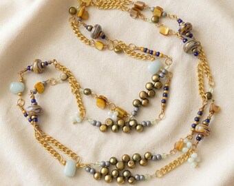 Statement Necklace | Lampwork Glass Bead Necklace | Pearl and Chain Jewelry | Artisan Boho Jewelry | 27 Inch Layered Necklace
