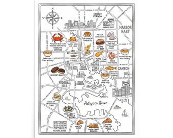 Baltimore Maryland Food Map Poster | Whimsical City Street Map Art Print | Famous Restaurants & Local Food Illustration Gift for Food Lovers