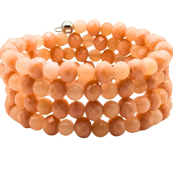 Peach Stone And Crystal Beaded Cuff Bracelet With Memory Wire Wrap Bracelet Elegant Casual Jewelry For Everyday Wear