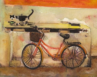 Red Bicycle And Cat Original Watercolor Painting Abstract Art Bicycle Painting