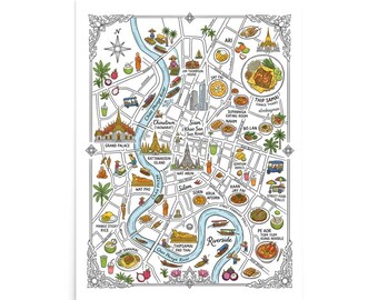 Bangkok Thailand Food Map Poster | Whimsical City Street Map Art Print | Famous Restaurants & Local Food Illustration Gift for Food Lovers