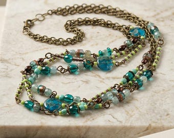 Boho Blue Beaded Necklace, Multi Strand Antique Brass Chain Necklace, Teal Turquoise Artisan Statement Jewelry