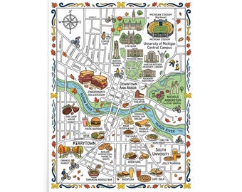 Ann Arbor Food Map Poster | Whimsical City Street Map Art Print | Famous Restaurants & Local Food Illustration Gift for Food Lovers