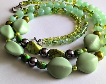 Chunky Green Beaded Necklace | Two Strand Statement Necklace | Handmade Layered Green Necklace Casual Jewelry For Office