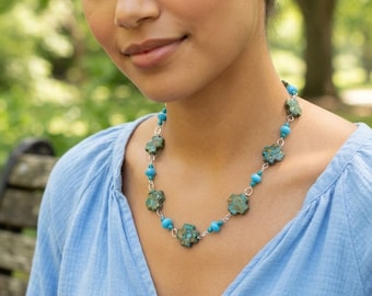 Collar grueso con cuentas de piedra, collar de cadena de plata de una sola hebra con cuentas, joyería artesanal llamativa con piedra color turquesa.