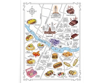 Austin Texas Food Map Poster | Whimsical City Street Map Art Print | Famous Restaurants & Local Food Illustration Gift for Food Lovers
