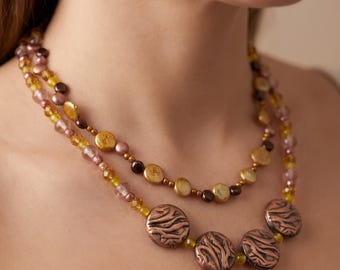 Collar de cuentas marrones y cobrizas / Joyería de cobre con cuentas de 2 hebras / Collar artesanal moderno con cuentas gruesas de imitación de cobre