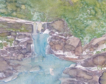 Abstract Waterfall Landscape Original Watercolor Painting