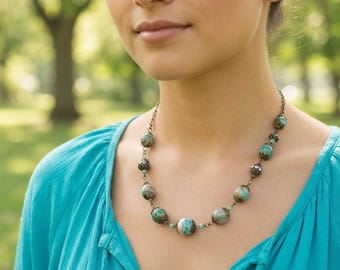Collar bohemio azul con cuentas, collar de una sola hebra de cadena de latón antiguo, joyería artesanal llamativa con piedra de ágata.