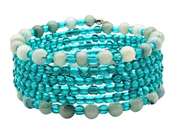 Bracelet manchette perlé 6 couches pierre bleue