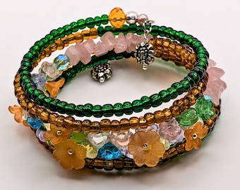Floral Memory Wire Bracelet | Multi-Layer Cuff Bracelet | Flower Wrap Bracelet | Handmade Boho Jewelry | Flower Jewelry For Women