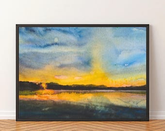 Framed Abstract Landscape During Sunset, Nature Wall Art, Watercolor Outdoor Coastal Fine Art Print