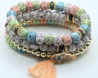 Pastel Beaded Bracelets for Women Jewelry Boho Beaded 4 Stacked Set