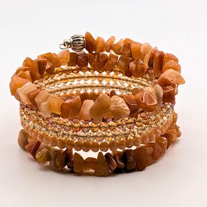 Peach Memory Wire Bracelet | Multi-Layer Cuff Bracelet | Crystal and Stone Wrap Bracelet | Handmade Boho Jewelry | Peach Beaded Bracelet