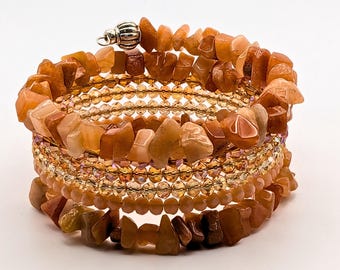 Peach Memory Wire Bracelet | Multi-Layer Cuff Bracelet | Crystal and Stone Wrap Bracelet | Handmade Boho Jewelry | Peach Beaded Bracelet