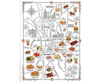 Atlanta, Georgia Food Map Poster | Whimsical City Street Map Art Print | Famous Restaurants & Local Food Illustration Gift for Food Lovers