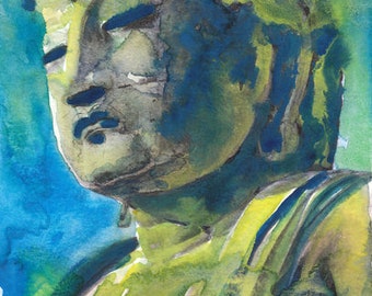 Zen Buddha In Blue  Original Watercolor Painting Abstract Art Zen Painting