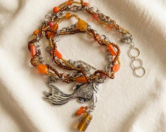 Chunky Fish Charm Necklace | Triple Strand Beaded Necklace | Silver Goldfish Pendant | Orange Glass Beads | Coastal Jewelry