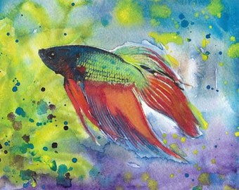 Rainbow Beta Fish Original Watercolor Painting Abstract Fish Art Beta Tropical Fish Painting