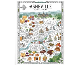 Asheville NC Food Map Poster | Whimsical City Street Map Art Print | Famous Restaurants & Local Food Illustration Gift for Food Lovers