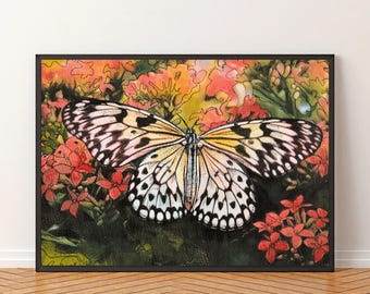 Butterfly Wall Art, Framed Floral Poster With Butterfly Garden Cottagecore Fine Art Print