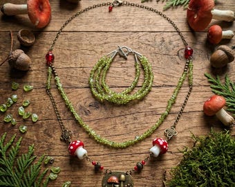 Whimsical Mushroom Necklace With Bracelet | Lampwork Glass Mushroom Beads | Peridot Chip Beads | Brass Woodland Pendant | Cottagecore